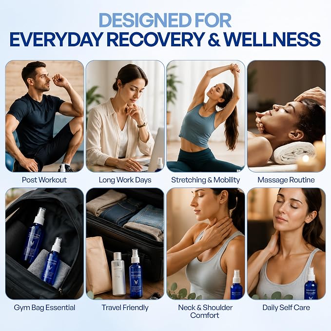 Natural Botanical Recovery Spray with Eucalyptus, Jojoba, Aloe Vera & Grapeseed Oils – Lightweight Topical Recovery Spray for Muscle & Joint Comfort & Massage (4 x 4oz Bottles)
