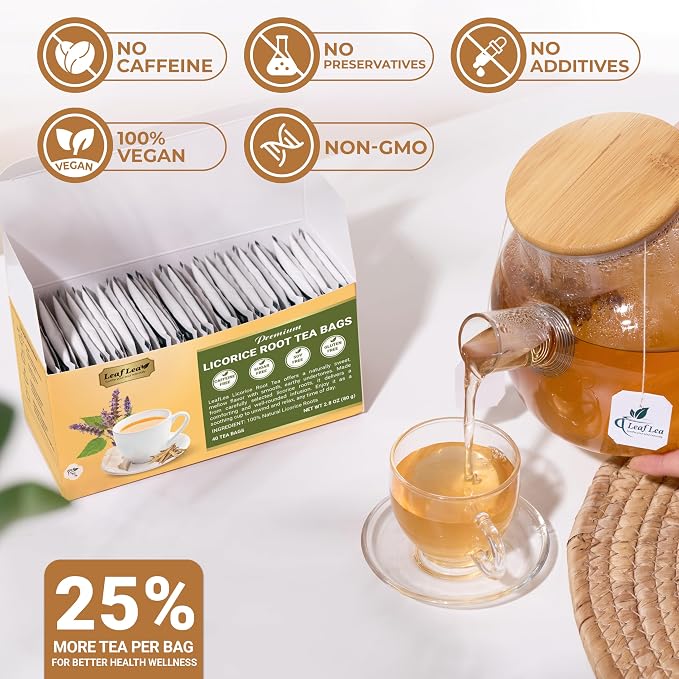 LeafLea Licorice Root Tea Bags, Caffeine-Free Naturally Sweet, 40 Count | Pure Egyptian Licorice Spice, Single Ingredient, Sugar-Free & Vegan, Foil-Wrapped for Lasting Freshness