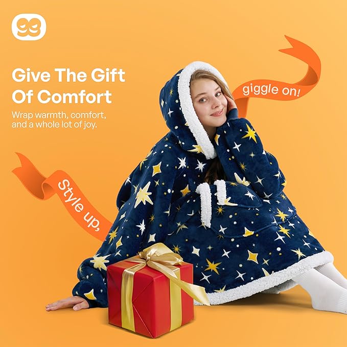 Giggling Getup Wearable Blanket Hoodie for Adults Gifts for Teen Girls Sister Women Sherpa Fleece Printed Hooded Blanket Sweatshirt Warm Cozy with Pocket & Sleeves Dark Blue Glowing Stars