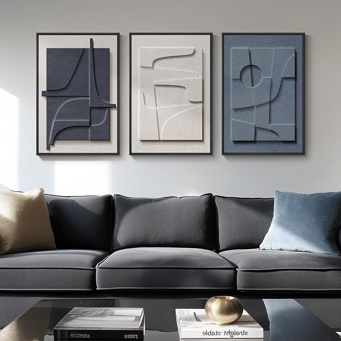 3D Textured Framed Blue and White Abstract Wall Art Set, 3 Piece, 16x24 In | Solid wood frames, raised geometric reliefs, navy blue and ivory tones, modern decor for bedroom living room dining room