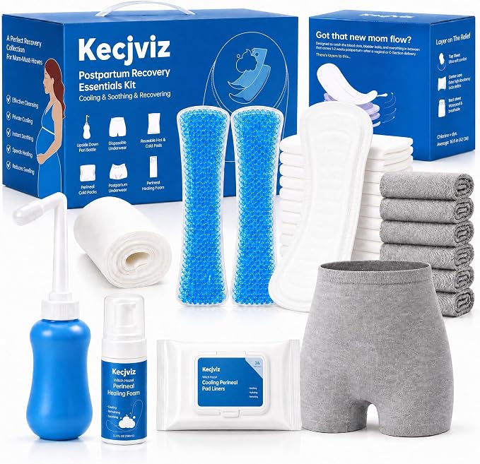 Postpartum Recovery Kit for New Moms, Upside-Down Peri Bottle, Disposable Underwear, Maternity Pads, Cooling Liners, Witch Hazel Foam, Reusable Cold Packs & Sleeves, Hospital Bag Essentials