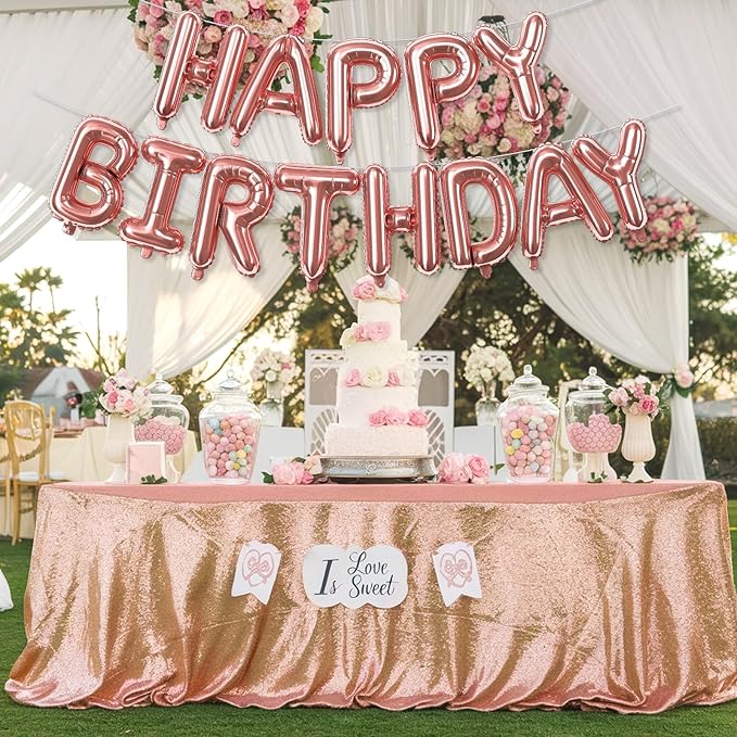 Happy Birthday Banner Balloon Rose Gold, 16 Inch Happy Birthday Mylar Foil Balloon Letters Banner, Self Inflating Birth Balloons Bunting for Girls Women Bday Party Decorations Supplies