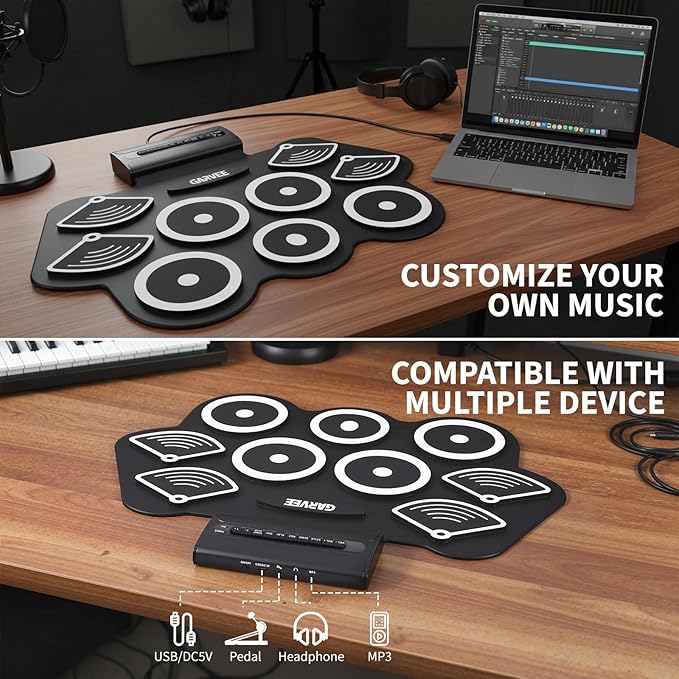 9 Pads Bluetooth Electric Drum Set, Portable Roll Up Electronic Drum Pad with Headphone Jack, Pedals & Sticks, Recording Function, Great Holiday Xmas Birthday Gift for Kids