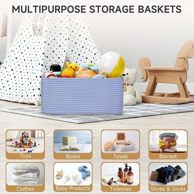 3 Pack Storage Baskets for Organizing, 13.7×9.5×6.3", Sky Blue | Woven Baskets for Shelves, Cotton Rope Basket for Gifts Empty, Closet Organizer Bins with Handles, Cube Decorative Box