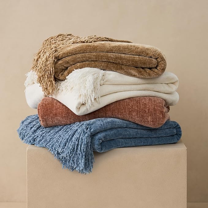 Chenille Knit Throw Blanket for Couch, 50"x60", Cloud Blue | Cozy Plush Fuzzy Knittd Throw with Tassels, Lightweight, Decorative, Farmhouse Decor, Ideal for Bed Sofa Gift, All Seasons