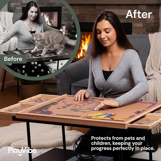 PlayVibe 1000 Piece Puzzle Board with Drawers and Cover - Portable Wooden Jigsaw Puzzle Tray with Drawers, Solve Station & Sturdy Table, Cozy Indoor Game Night