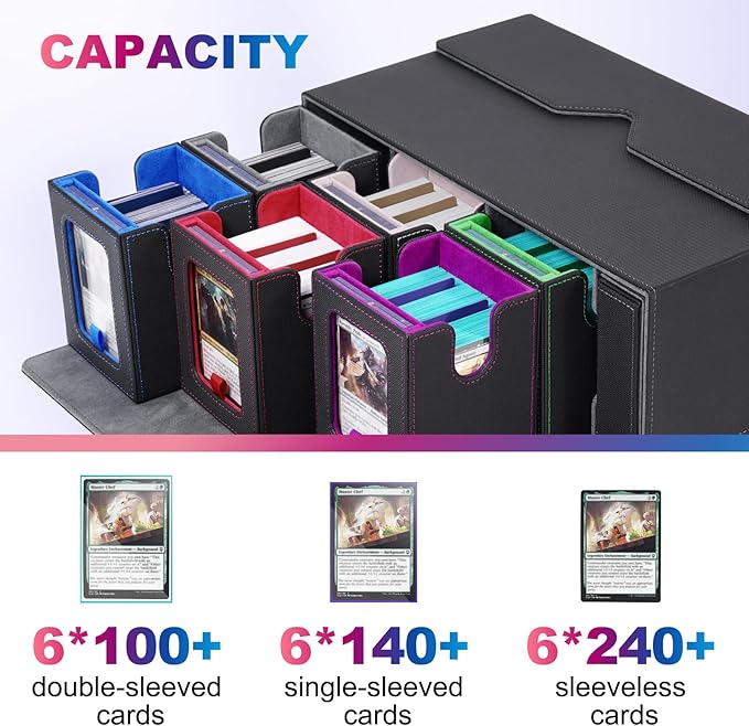 UAONO Commander Deck Box for MTG, 6-Deck Modular Card Case with Dice Tray Hold 600+ Double-sleeved Cards, Removable Trading Cards Storage Box with 35PT Magnetic Card Holders for TCG, Multicolour