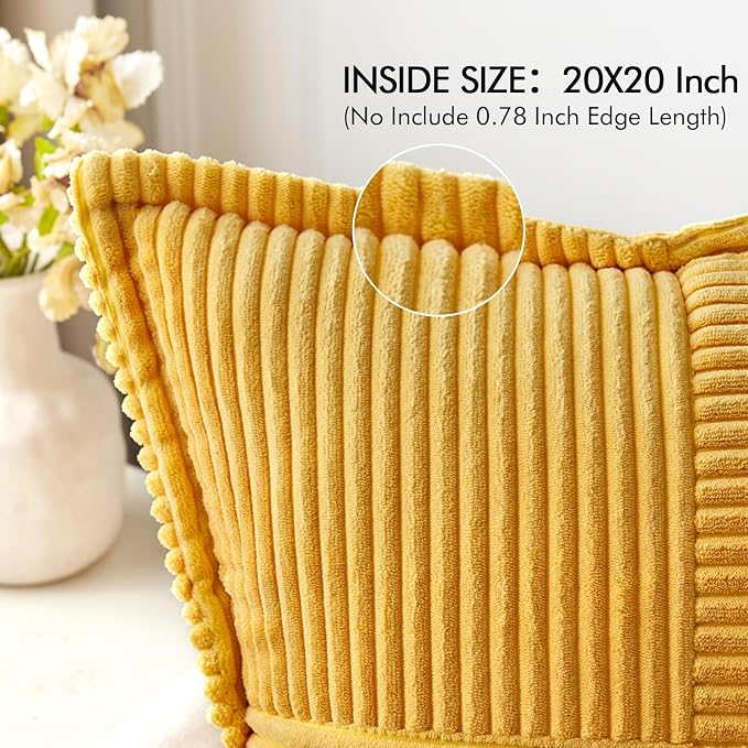MIULEE Golden Yellow Corduroy Pillow Covers 20x20 Inch with Splicing Set of 2 Soft Boho Striped Pillow Covers Broadside Decorative Textured Summer Pillowcases for Couch Cushion Bed Livingroom
