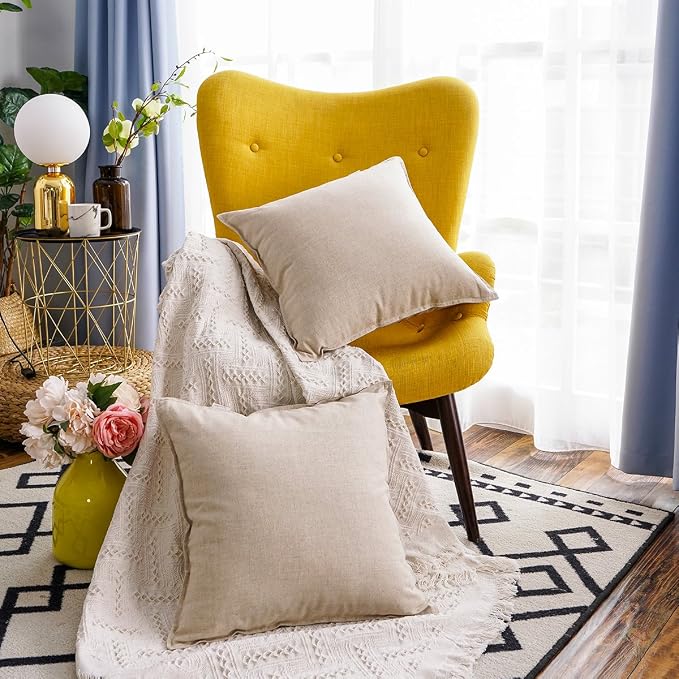 Jeanerlor 26"x26" Decorative Cotton Linen Couch Throw Pillow Case Yellow for Sofa Durable Classy, Comfortable Cushion Cover for Play Room/Coffee Shop, (65 x 65cm), Light Linen