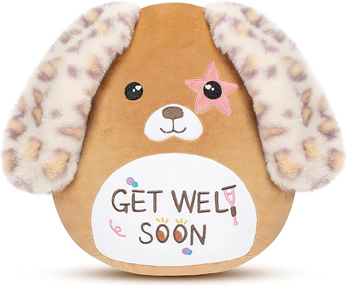 Easfan Get Well Soon Dog Plush Pillow Puppy Stuffed Animal with Floppy Long Ears, Cuddly Soft Toy Recovery Gifts for Patients Sick Girls Boys, Light Brown, 12"