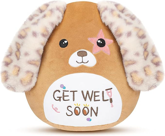 Easfan Get Well Soon Dog Plush Pillow Puppy Stuffed Animal with Floppy Long Ears, Cuddly Soft Toy Recovery Gifts for Patients Sick Girls Boys, Light Brown, 12"