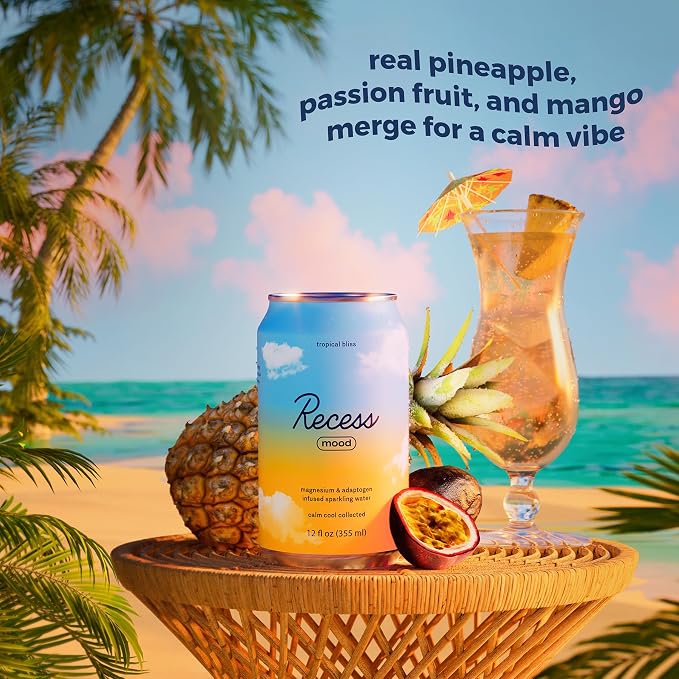 Recess Mood Magnesium & Adaptogen Drink, Relaxation Beverage, 12 ounce (Tropical Bliss, 12 pack)
