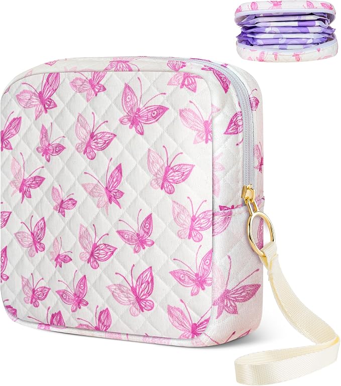 Likesing Tampon Holder for Purse, Quilted Period Bag Sanitary Napkin Storage Bag for Girls Womens, Portable Feminine Emergency Pad Period Pouch(Butterfly White)