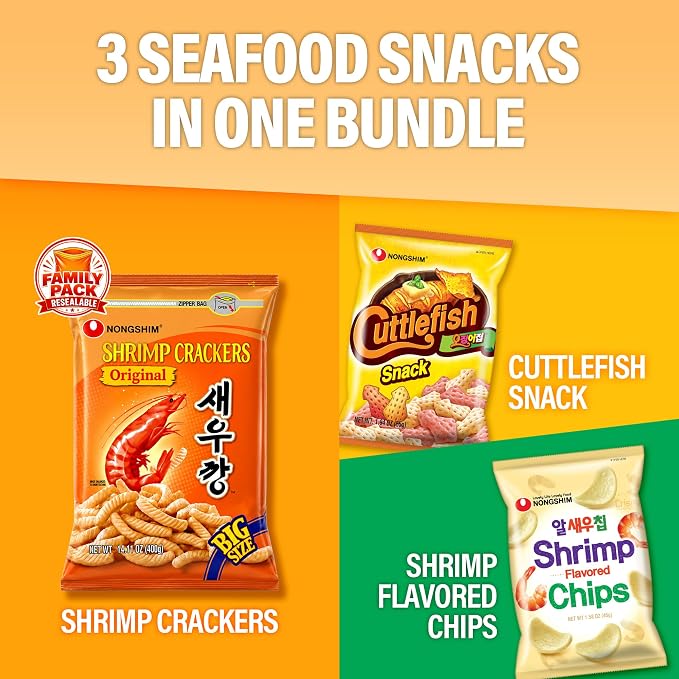 Nongshim Shrimp Chips 3-Flavor, Crispy Korean Snack Variety, 5 Count | Korean shrimp chip variety with original, spicy and gochujang seasonings, airy chip texture