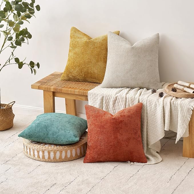 MIULEE Decorative Chenille Fall Pillow Covers Orange Teal 18x18 Pack of 4 | Rustic Home Decor, Retro Vintage Set, Couch Throw Pillows, Farmhouse Boho Cushion Covers for Sofa Bed Living Room