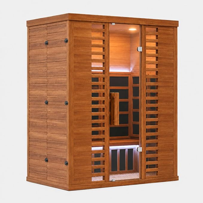MNLR 3 Person Infrared Home Sauna, 59"x39"x67" Wood Dry Sauna with 2 LED Strips, Low EMF FAR 1500W/120V LCD Heater, Red Light Therapy, RGB Lights, WiFi, BT Speakers, Flame-Retardant Materials