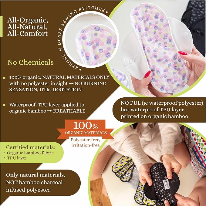 Cloth Panty Liners Thong 7-Pack (Small) Mini Organic Cotton Reusable Panty Liners for Women & Non Slip Cloth Menstrual Pads Light Flow 6-Pack (S+M) Organic Viscose Washable Pads