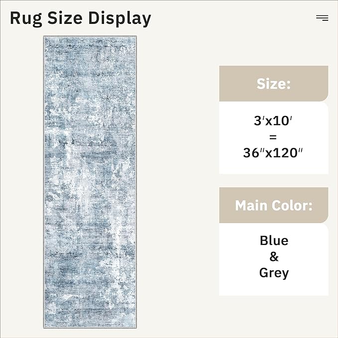 Soalmost Abstract Runner Rug 3x10 Hallway Kitchen Rugs Non-Slip, Blue/Grey | Vintage Washable Long Runners 10ft for Bathroom Laundry Bedroom, Foldable Low-Pile Wide Floor Carpet for Entryway Corridor