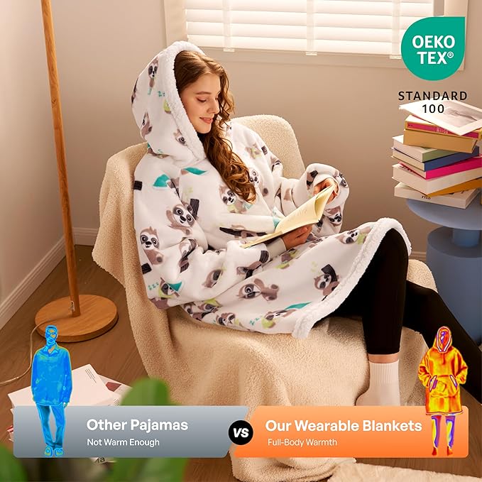 Giggling Getup Wearable Blanket Hoodie for Adults Gifts for Teen Girls Sister Women Sherpa Fleece Printed Hooded Blanket Sweatshirt Warm Cozy with Pocket & Sleeves Cream Sloth