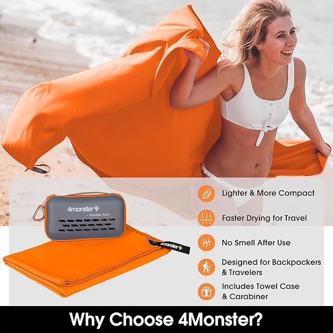 4Monster Camping Towels Super Absorbent, Fast Drying Microfiber Travel Towel, Quick Dry Ultra Soft Compact Gym Towel for Swimming Beach Hiking Yoga Travel Sports Backpack (59.00" x 30.00", Orange)
