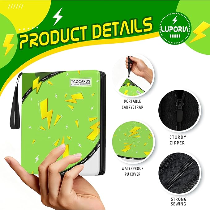 Trading Card Binder 9 Pocket,900 Pocket Card Collection Binder with 50 Removable Sleeves,PU Waterproof Top Card Book,3-Ring Zipper Collectible Trading Card Album for MTG/TCG/Card Holder Gift(Green)