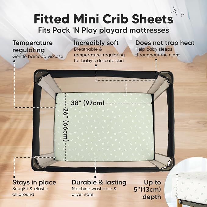 Pack and Play Sheets Fitted - 2-Pack Mini Crib Sheets for Pack N Play Mattress 38x26, Soft & Cozy, Neutral Toddler Playard Bedding, Snug Fitted Mini Baby Crib Mattress Cover Boy, Girl (Herb)