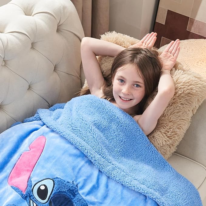 NEWCOSPLAY Kids Blanket 3D Cartoon Embroidered Sherpa Blanket Plush Warm for Boys Girls (Blue-1, (50"X60"))