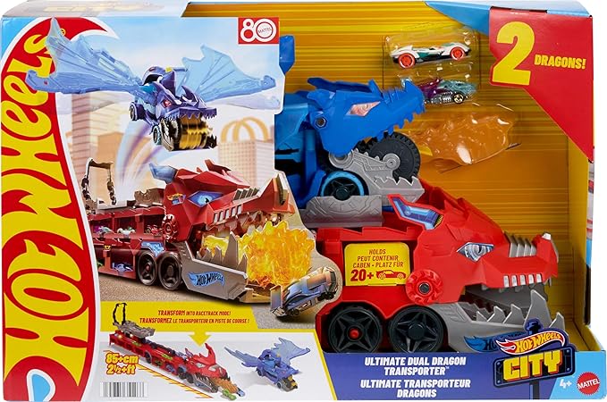 Hot Wheels City Toy Car Track Set, Ultimate Dual Dragon Transporter & 2 Die-Cast Cars, Large-Scale Dragon & Detachable Dragon, Stores 20+ Vehicles