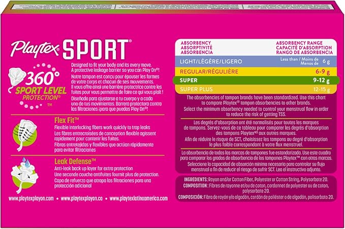 Playtex Sport Tampons Super Absorbency, Fragrance-Free - 384ct (48 Packs of 8ct) | Super Tampons for Women, Feminine Care, Playtex Tampon with 360 Leak Defense