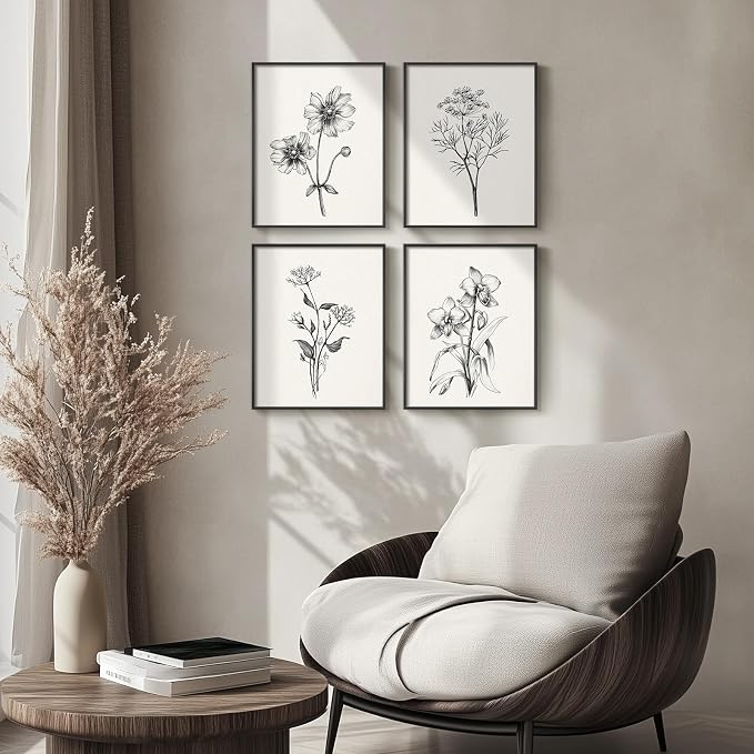 Framed Black and White Floral Wall Art for Bedroom, 4 Piece 11x14 In | Modern farmhouse wall decor, Minimalist flower pictures, Botanical canvas Prints, Living room kitchen bathroom wall decor