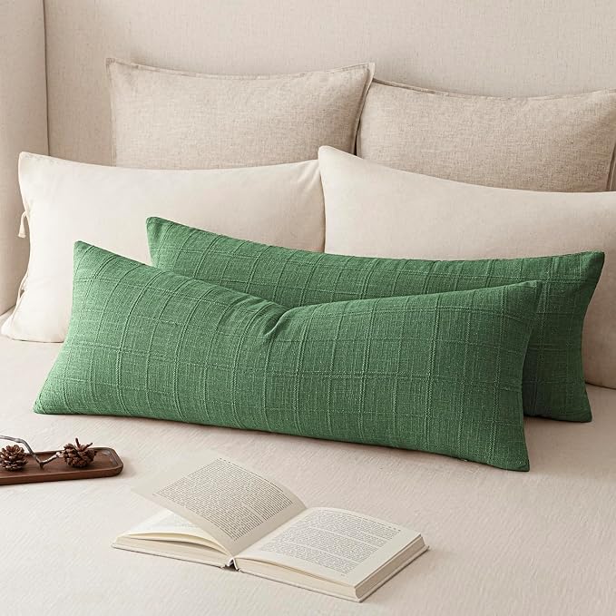 Foindtower Set of 2 Decorative Linen Check Throw Pillow Covers Neutral Farmhouse Vintage Cushion Covers Cozy Modern Boho Accent Home Decor for Sofa Chair Couch Bed Living Room,14×36 Inch,Forest Green