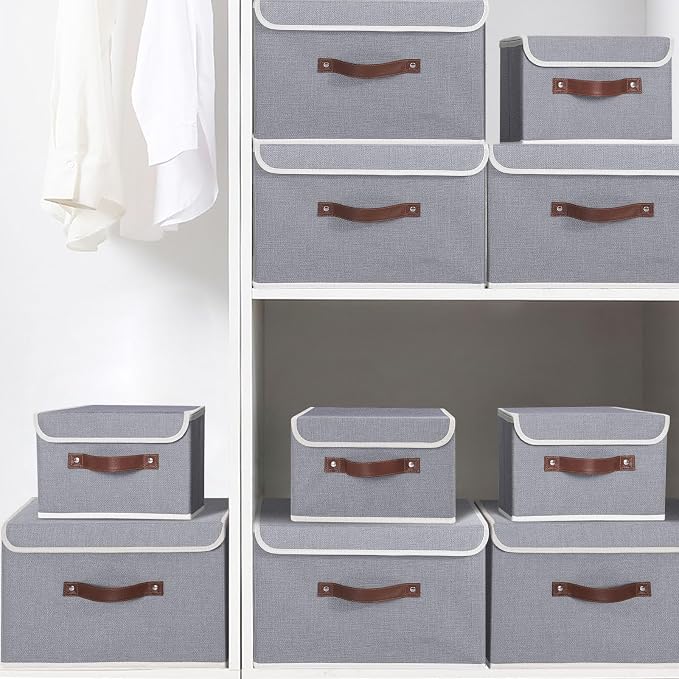 ANMINY Fabric Storage Box Bins with Lids, Gray, 13"x9"x7.9", 4 Pack | Keepsake Memory Storage, Cotton Linen, PP Board Reinforced, Washable, PU Handles, Foldable & Stackable, Decorative, Medium