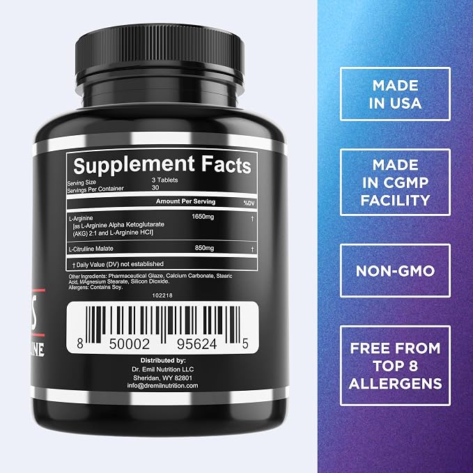 Dr. Emil's Arginine Plus - L Arginine & L Citrulline Malate - High Dose 2500 MG Nitric Oxide Booster for Circulation, Endurance & Workout Pump - Non-GMO