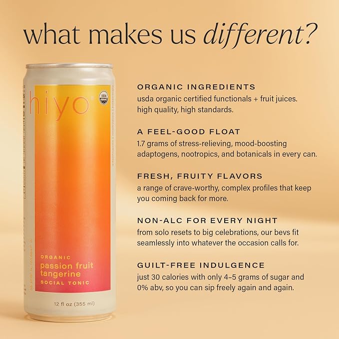 Hiyo Organic Social Tonic – Passion Fruit Tangerine, 12 Pack - Non-Alcoholic Functional Seltzer, Flavored Sparkling Water Crafted with Organic Adaptogens, Nootropics & Botanicals