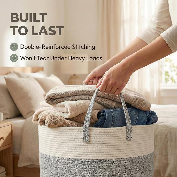 JMvicyroam 115L Extra Large Machine Washable Cotton Rope Blanket Basket | Collapsible laundry hamper, Reinforced handles, For blankets, pillows, toys and clothes, Living room and bedroom, White&Grey