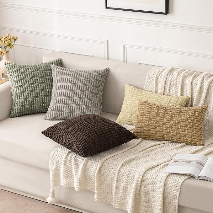 MIULEE Euro Sham Corduroy Decorative Throw Pillow Covers 24x24 Light Olive | Green Pack of 2 Soft Boho Striped Pillow Covers Modern Farmhouse Home Decor For Sofa Living Room Couch Bed