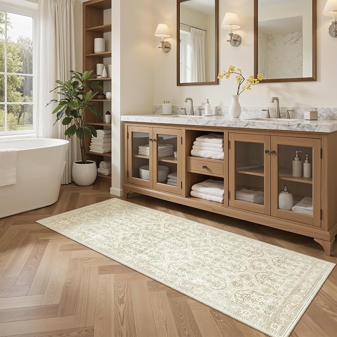 Soalmost Runner Rug 2x5 Washable Non-Slip Kitchen Entry Runners Beige/Brown | Soft Low-Pile Rugs for Bathroom Laundry Room, Vintage Foldable Floor Carpet Mat Hallway Entryway for Corridor Bedroom