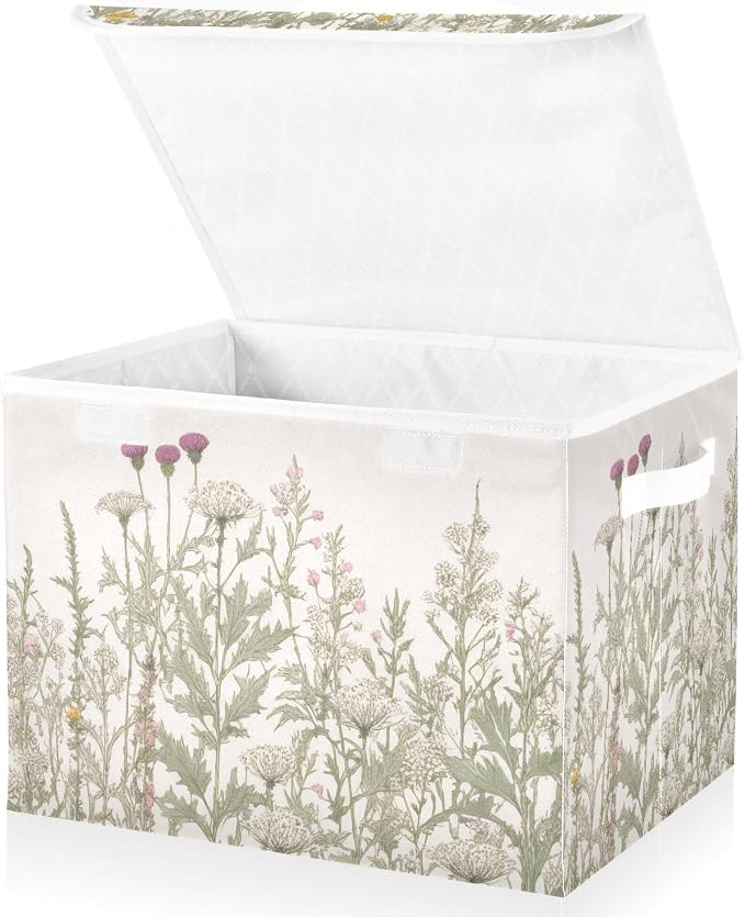 Vintage Colorful Herbs and Wild Flowers Floral Storage Bins with Lids and Carrying Handle,Foldable Storage Boxes Organizer Containers Baskets Cube with Cover for Home Bedroom Closet Office