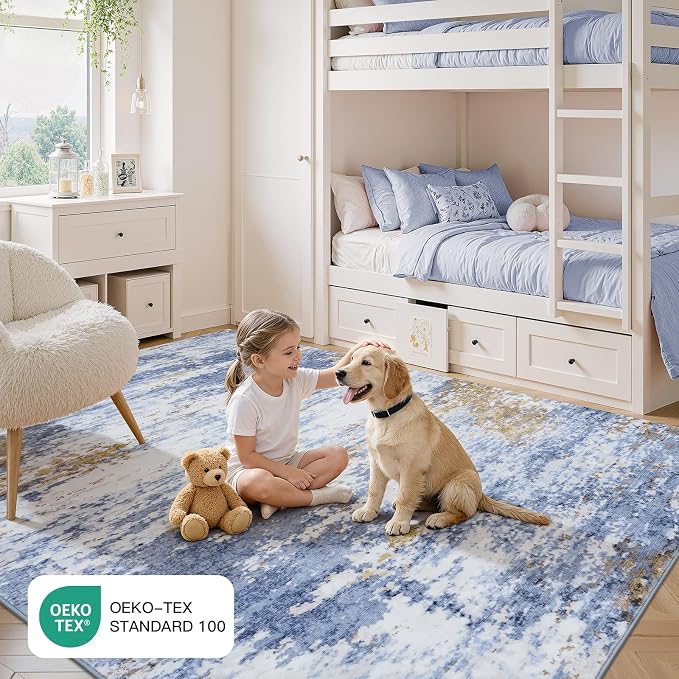 8x10 Area Rug for Living Room, Abstract Washable Large Rugs, Light Blue | Neutral Carpet for Bedroom, Dining Room, Home Office Nursery, Indoor, Stain Resistant, Low Pile, Non-Slip, Modern Rug