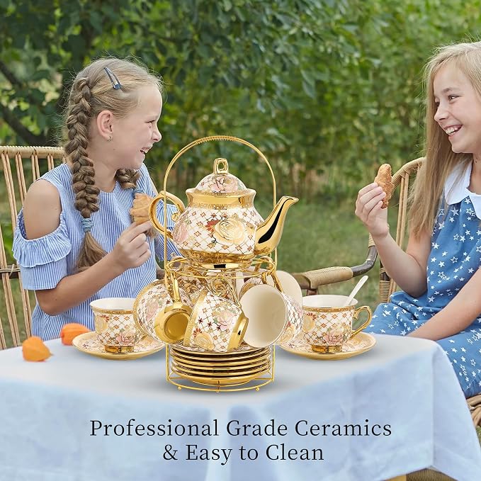 20 Pieces Porcelain Tea Set With Metal Holder, European Ceramic tea set for adults,Flower Tea Set,Tea Set For Women With Flower Painting