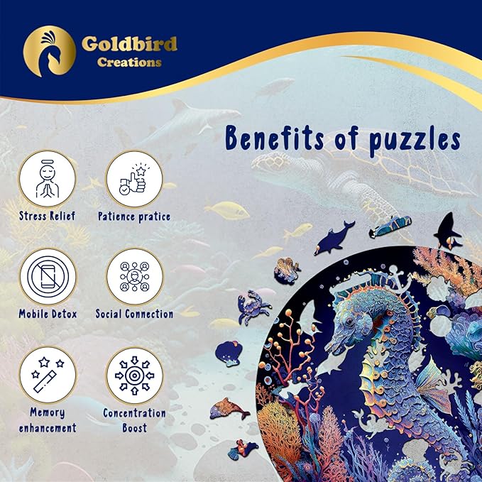 Wooden Puzzles for Adults - Eco-Friendly Wood Puzzles 200 Pieces - Premium Gift Box - Jigsaw Puzzles for Family Activity - Whimsical Shape Puzzle Pieces - Seahorse