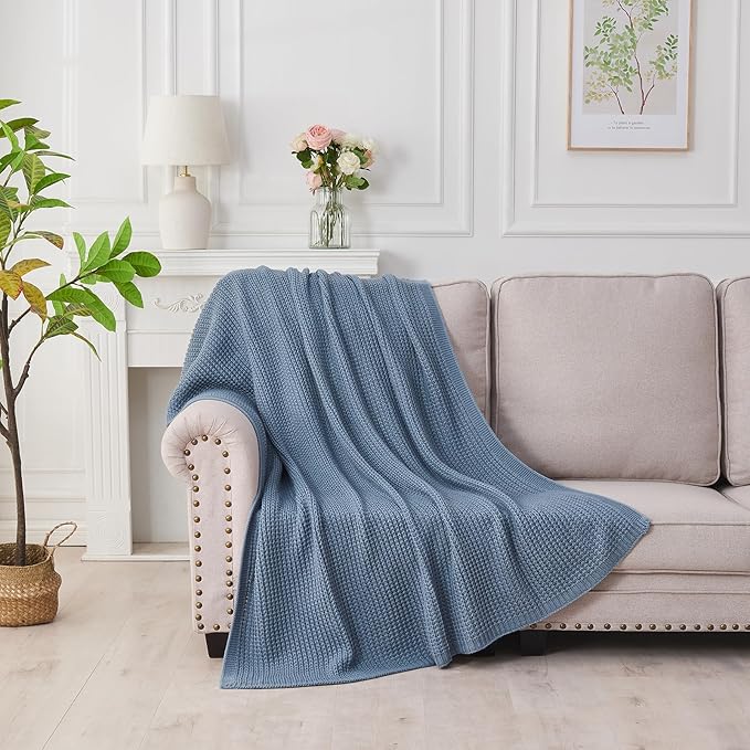 Douceur Blue Throw Blanket for Couch, Soft Chunky Cable Knit Throw Blanket, Classic Fisherman's Rib Stitch Pattern Throw for Living Room, 50"X60"