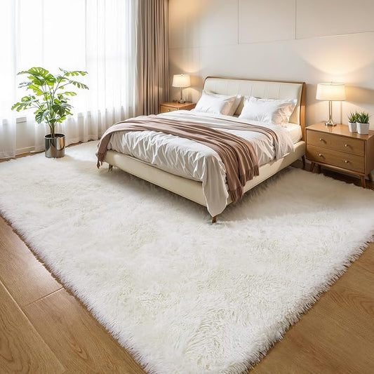 6x9 Cream White Shag Rug for Bedroom, Soft Plush Fluffy Carpet | Ivory Area Rug for Living Room, Kids Nursery, Dorm Room, Machine Washable Non Slip Shaggy Carpet