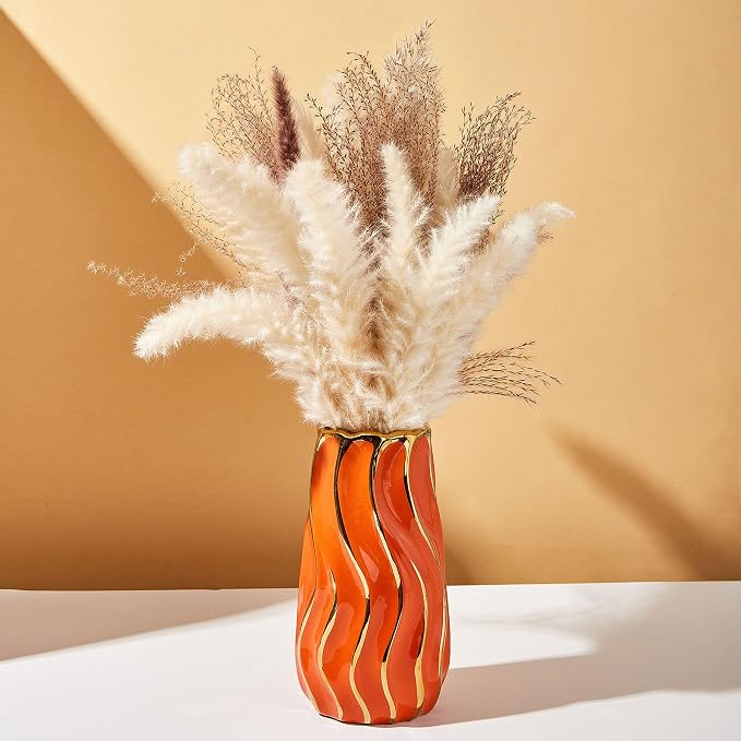 Ceramic Vase, Orange Vase for Home Decor,Decorative Flower Vase, Vertical Stripe Ceramic Vases for Home Décor, Bedroom, Office, Living Room, Bathroom, Tabletop Decor, Centerpiece (Orange)