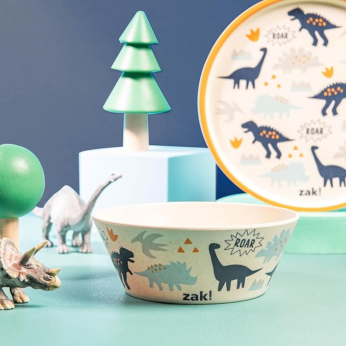 Zak Designs Kids Dinnerware Set 3 Pieces, Durable and Sustainable Melamine Bamboo Plate, Bowl, and Tumbler are Perfect For Dinner Time With Family (Zaksaurus)