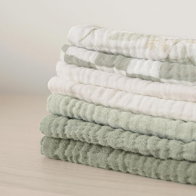 Konssy Baby Muslin Washcloths 7-Pack, 100% Cotton Baby Bath Washcloths, Soft & Absorbent Wash Cloths and Burp Cloths for Newborn Kids Girls & Boys, 11x11 inches