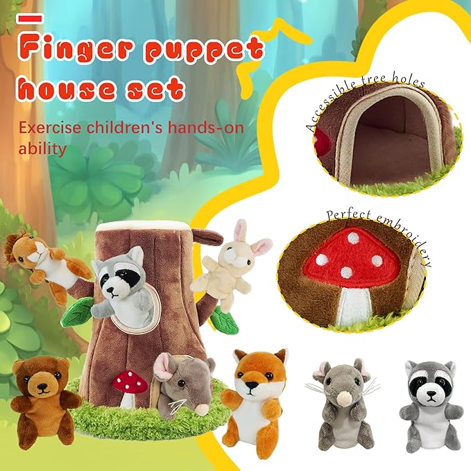 6 Pcs Jungle Animals Finger Puppet with Tree Houses,Realistic Soft Plush Puppets for Kids, Novelty Animals Toys Role-Playing Story Finger Puppets Gifts for Boys and Girls