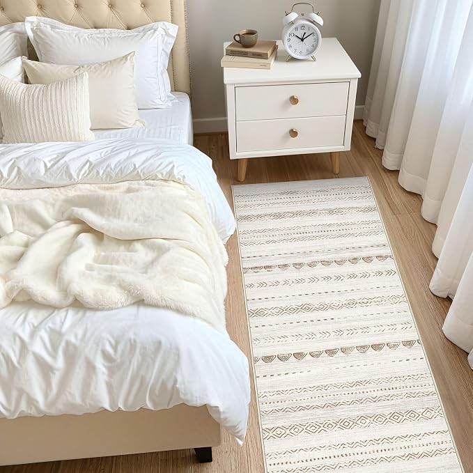 Nakagishi Boho 2x6 Runner Rug Machine Washable Rugs Non Slip Beige/Brown | Soft Underfoot, Stain Resistant, Carpet for Bedroom/Kitchen/Entryway/Hallway, Bathroom Pet & Kid Friendly Moroccan Farmhouse