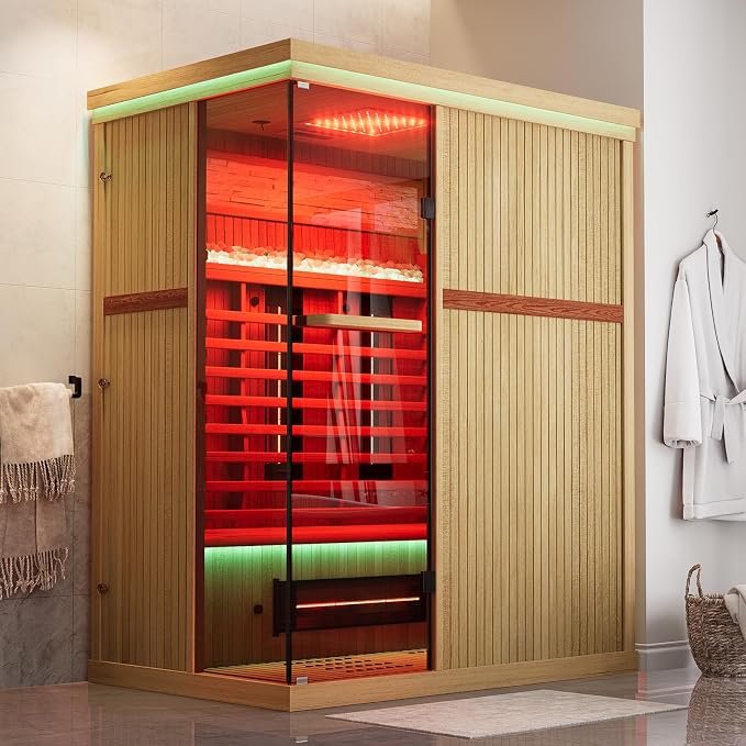 MEISSALIVVE Full Spectrum Sauna for Home, 3 Person Indoor Infrared Spa Room with 10 Minutes Warm-up Heat, Canadian Hemlock Wood Home Sauna with Bluetooth and Tempered Glass