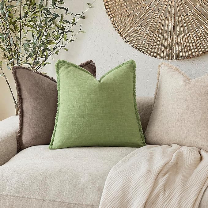 Foindtower Set of 2 Decorative Linen Fringe Throw Pillow Covers Cozy Boho Farmhouse Cushion Cover with Tassels Soft Accent Pillowcase for Couch Sofa Bed Living Room Home Decor,26×26 Inch,Lime Green